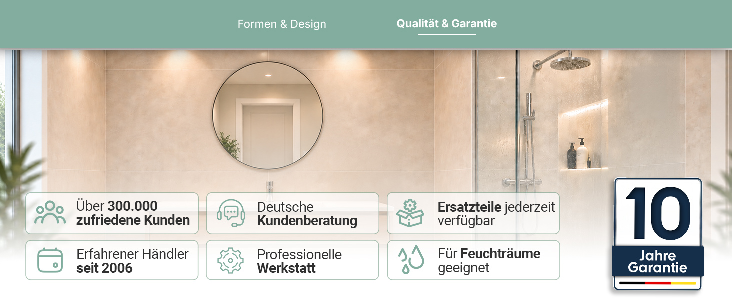 Heidenfeld Infrarotspiegel mit 10 Jahren Garantie, deutscher Kundenberatung, eigener Werkstatt und Feuchtraumeignung.